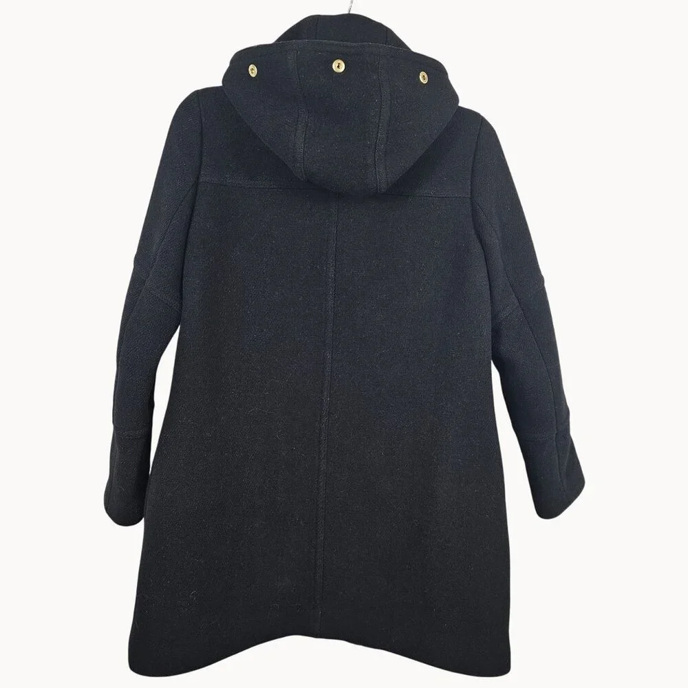 J.Crew Womens 2 Italian Wool Hooded Tailored Coat Black Lined Gold Accents Warm - Picture 2 of 15